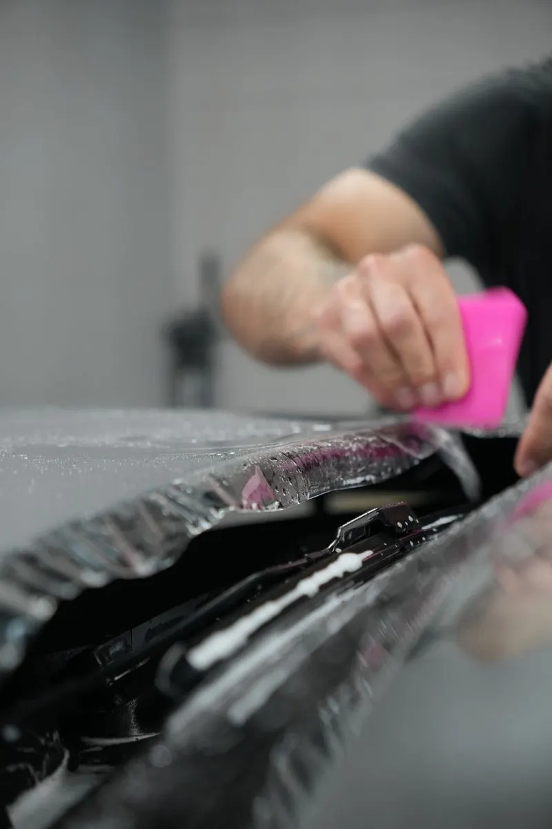 Close-up of a film edge being pressed along a vehicle panel with a hand tool.